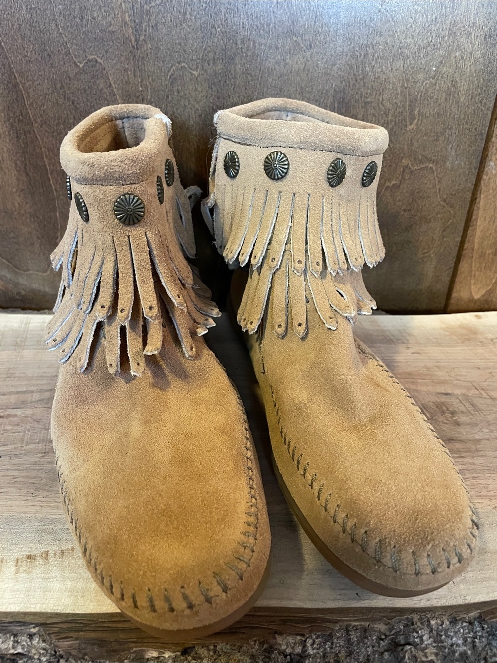 Minnetonka Brown Suede Moccasins with Rubber Dotted Sole